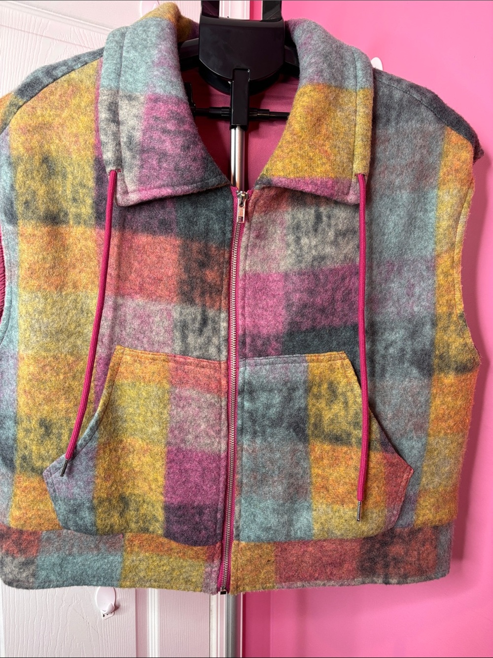 Anniewear Plaid Hooded Zip Vest Multicolor Pink Size Small Y2K